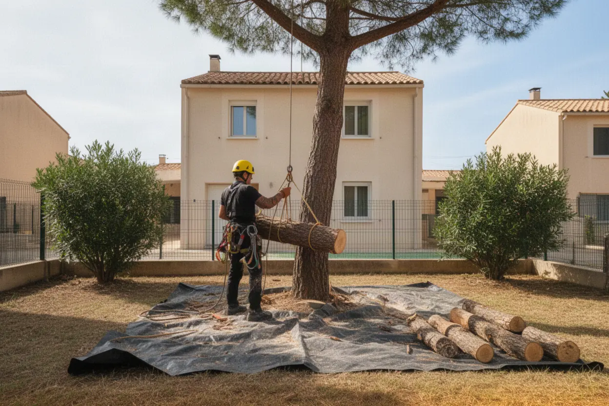 Abattage contrôlé d'un arbre près d'une maison à Juvignac