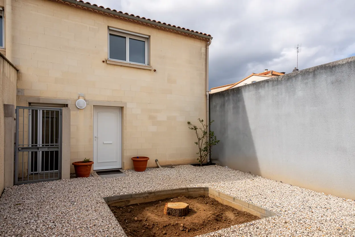 Cour dégagée après démontage du cyprès à Juvignac