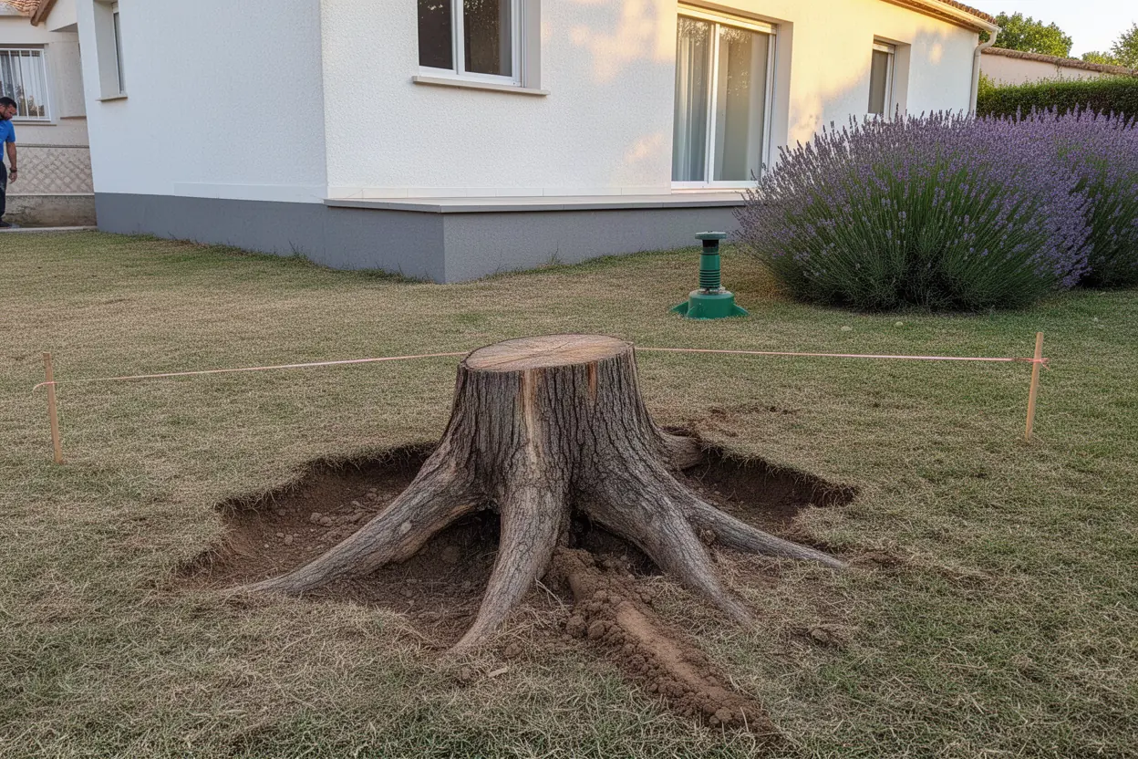 Large souche avant travaux de terrasse à Pérols