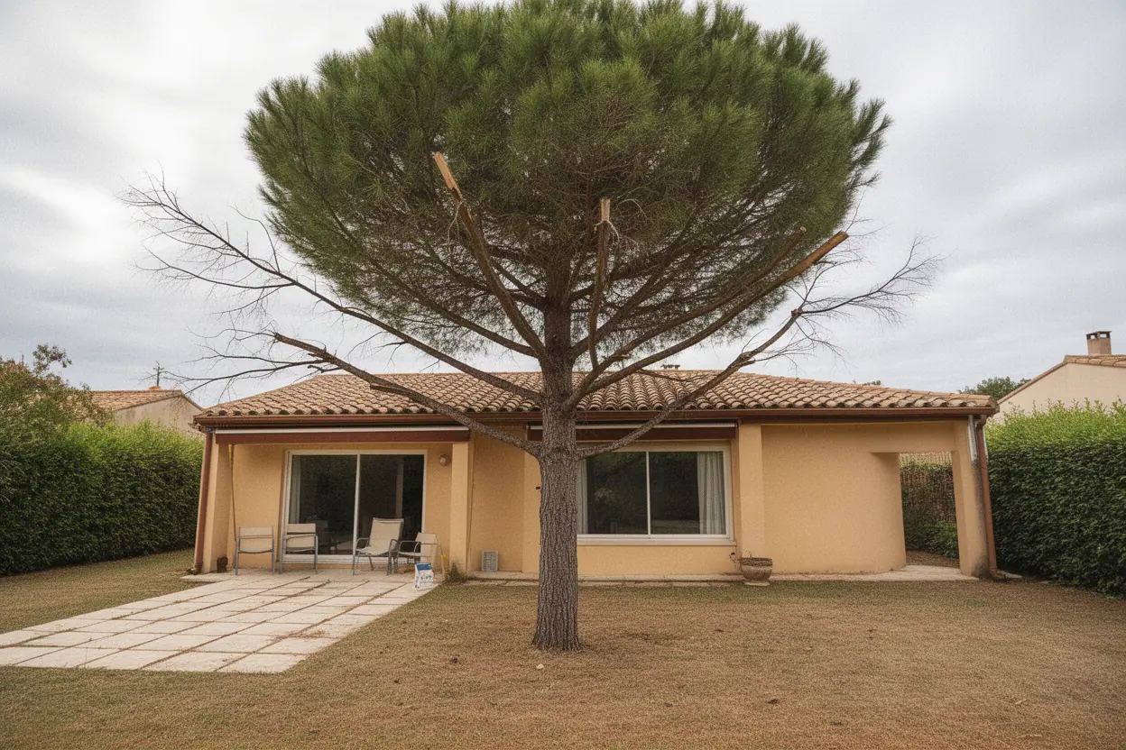 Pin dense avant élagage à Montpellier