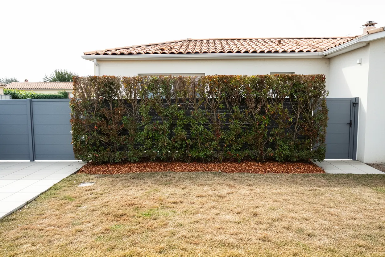 Photinias équilibrés après taille dans un jardin de Lattes