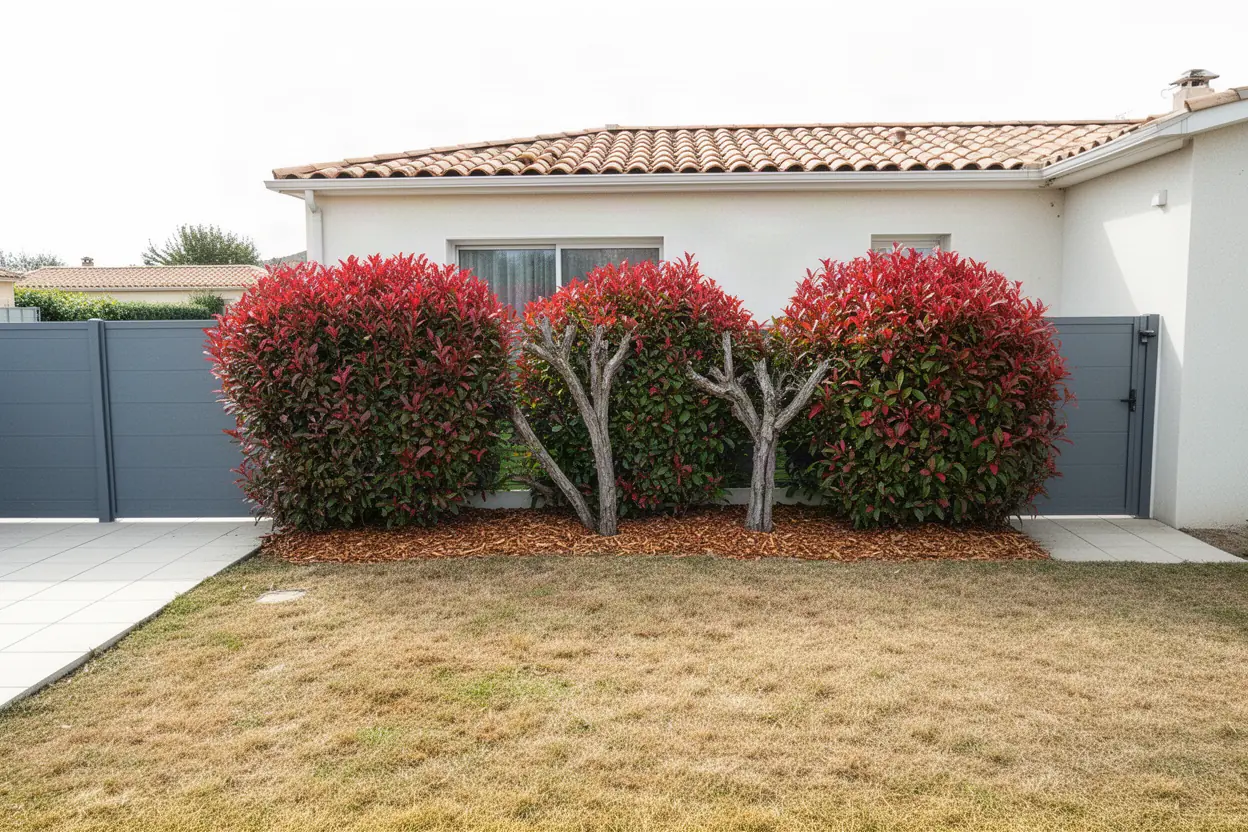 Photinias irréguliers avant taille dans un jardin de Lattes