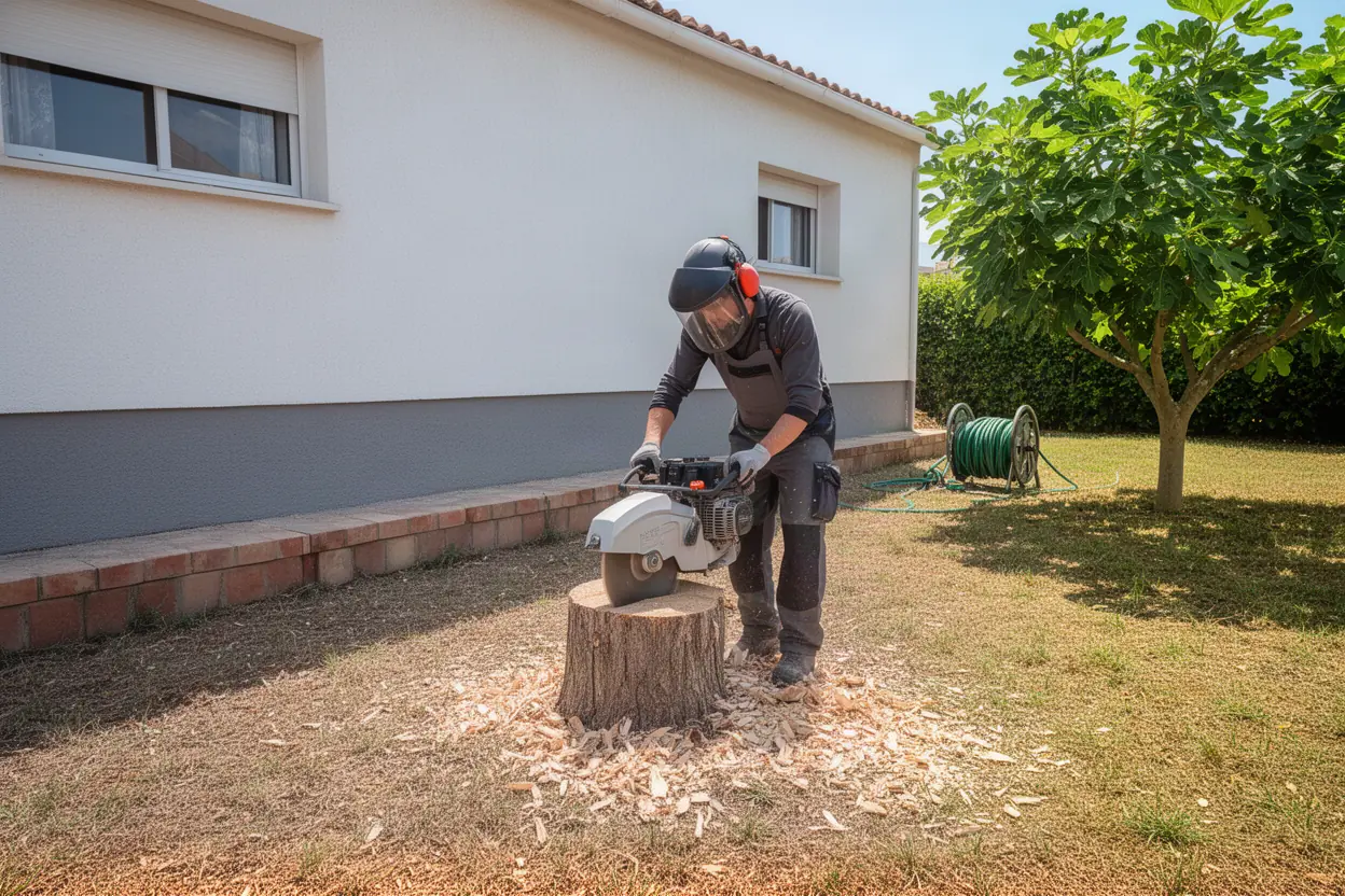 Rognage d'une souche dans un jardin à Juvignac