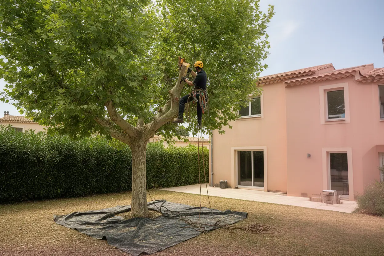 Élagueur taillant un pin dans un jardin à Juvignac