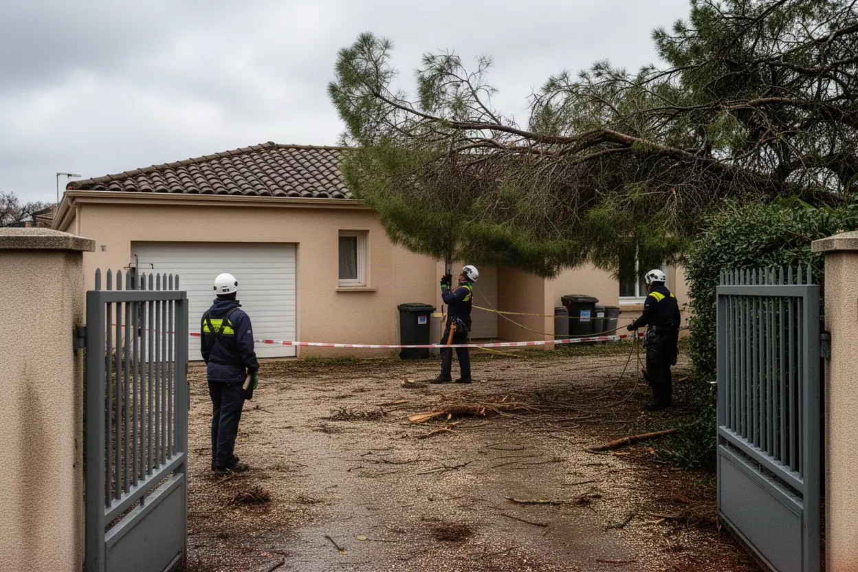 Équipe sécurisant une branche cassée après tempête à Juvignac