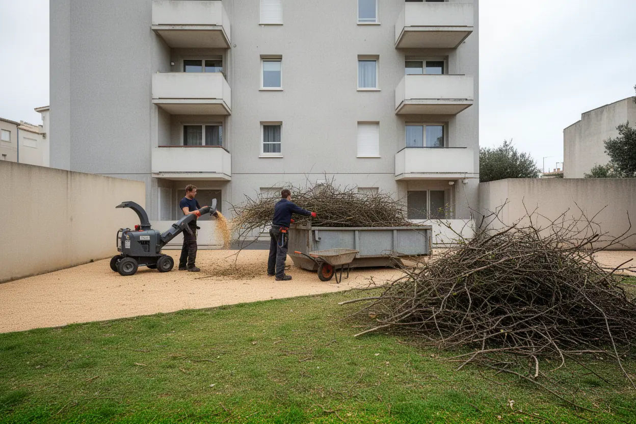 Broyage de branches après élagage dans un jardin à Juvignac